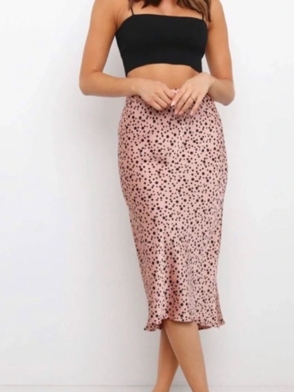 NWT Petal & Pup | Kylo Blush Satin Polka Dot Midi Skirt Hi Lo Hem | Size 8